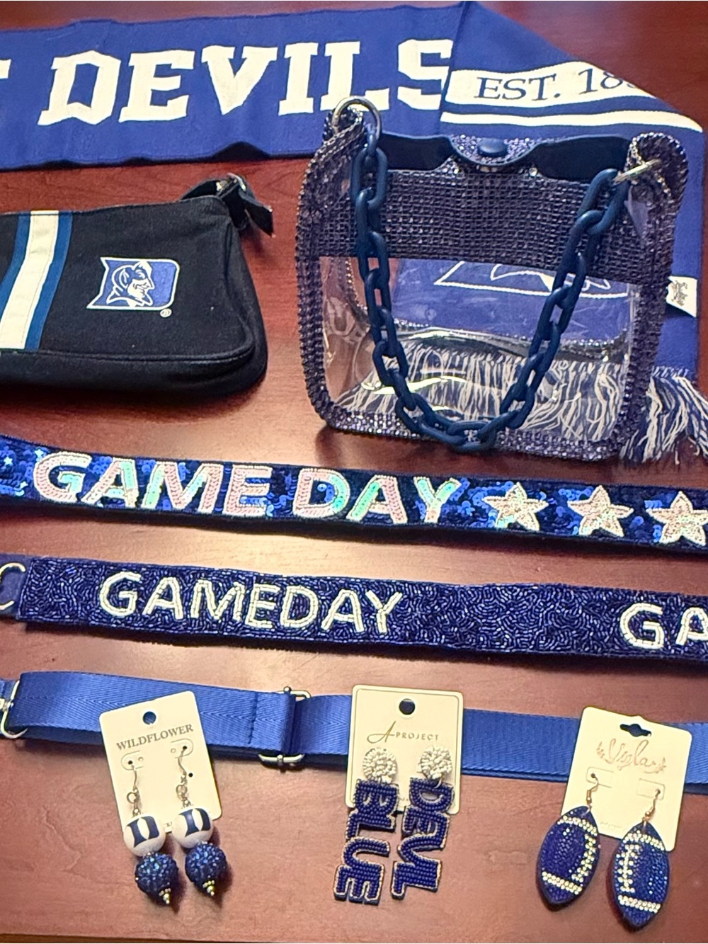 DUKE UNIVERSITY BLUE DEVILS Accessories Bundle-Clear Bag, beaded/sequin straps+